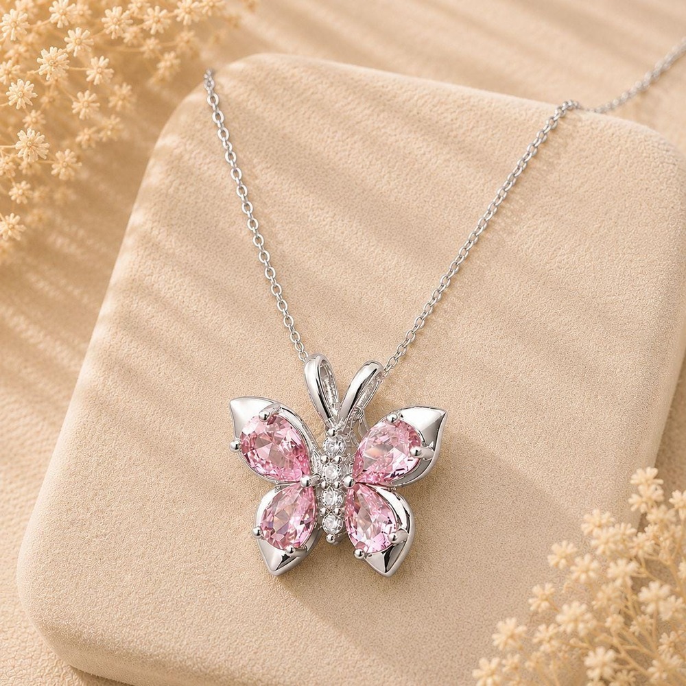 Vintage Pink Butterfly Necklace Made with‎ Swarovski Crystal Sterling Overlay